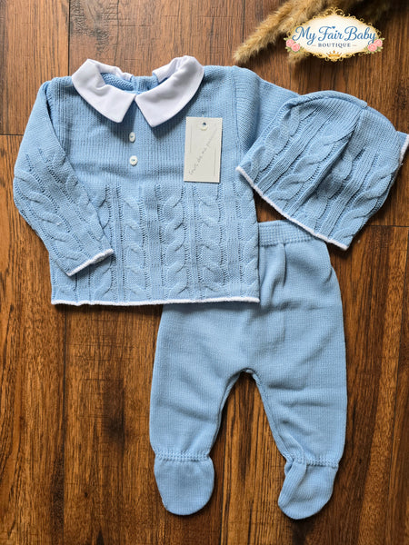 Spanish Baby Boys Petrol Blue Knitted 3pc Set ~ 0-3m
