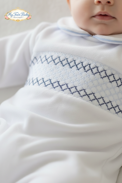 Spanish Baby Boys White & Blue Smocked Velour Sleepsuit/Babygrow