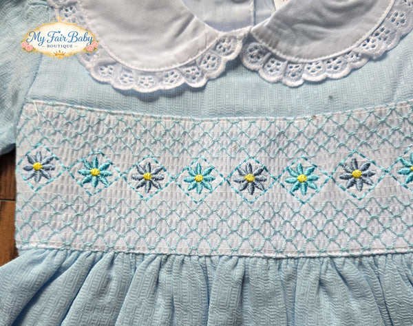 Mabini Traditional Girls Blue Smocked Daisy Dress Set MB7237