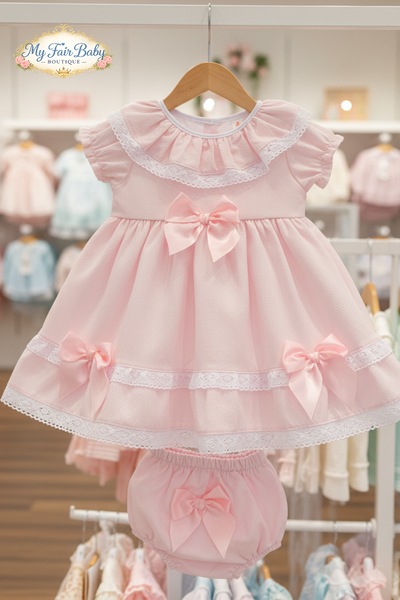 Spanish Girls Pink Waffle Bow & Lace Dress V004 ~ 3-36m