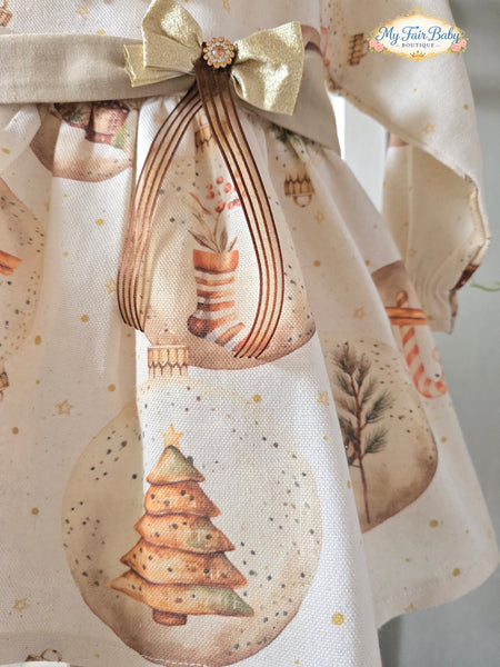 Traditional Girls Cream & Gold Printed Christmas Dress ~ 1-6y