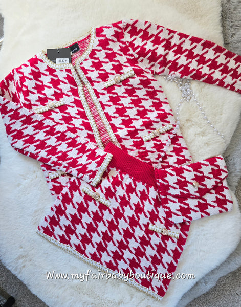 Girls Red Houndstooth 3pc Skirt Set ~ 4-12y