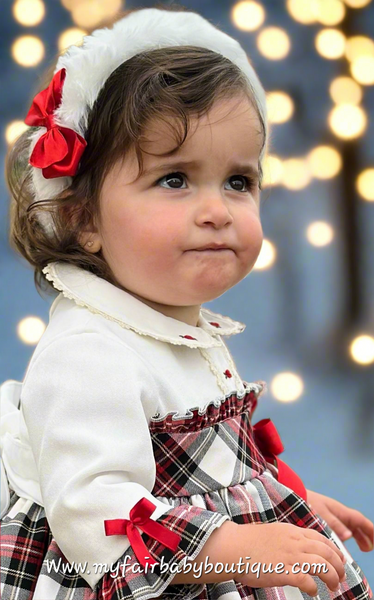 Sonata Infantil AW25 Spanish Girls Ivory Velvet & Red Plaid Christmas Puffball Dress IN2503 ~ MADE TO ORDER