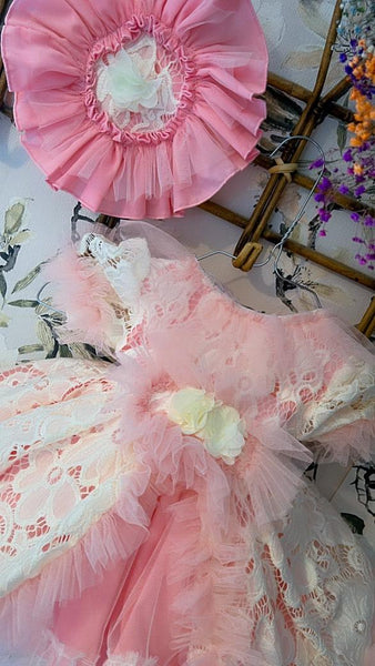 Ela Confeccion SS25 Spanish Girls Pink & Cream Tulle & Lace Puffball Dress ~ IN STOCK NOW