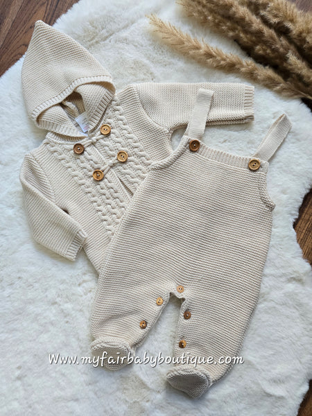 Spanish Unisex Baby Beige Knitted Dungarees & Cardigan Set 3120