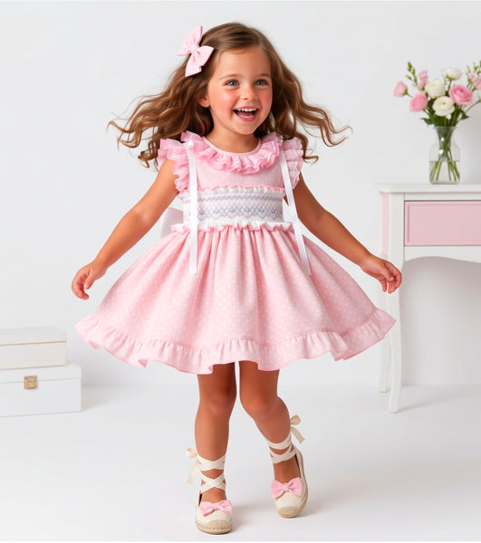 Sonata Infantil SS26 Girls Pink Polkadot Smocked Puffball Dress VE2630 ~ MADE TO ORDER