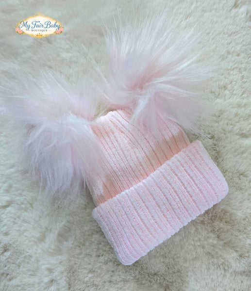 Traditional Baby Girls Pink Double Fur Pom Pom Hats