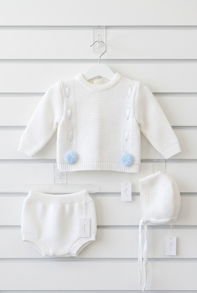 Spanish Baby Boys White & Blue Knitted Jam Pant 3pc Set