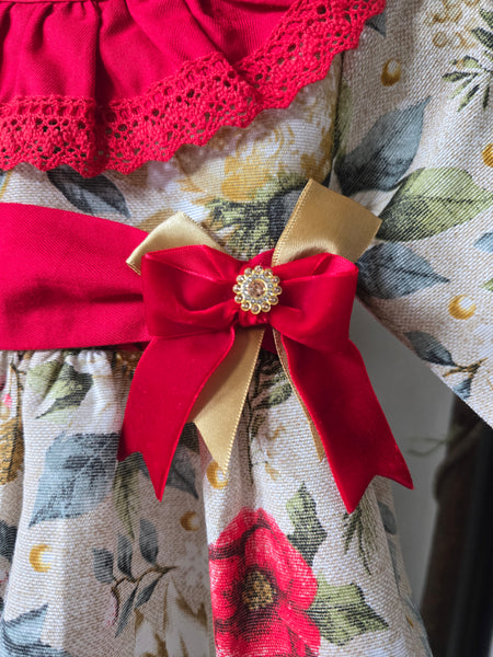 Traditional Girls Red Printed Christmas Dress ~ 1-6y