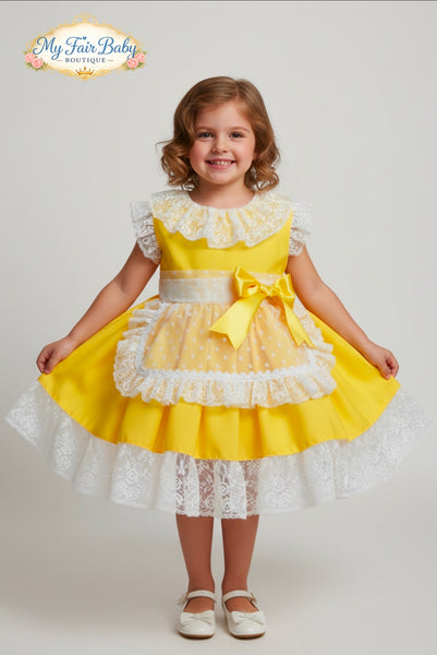 Sonata Infantil Spanish Girls Yellow Lace Puffball Dress M415 - MADE TO ORDER