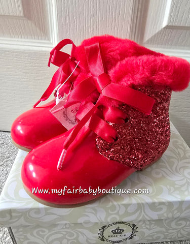 Beau Kid Girls Red Patent & Glitter Ankle Boots