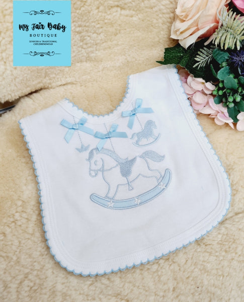 Baby Boys White & Blue Rocking Horse Bib