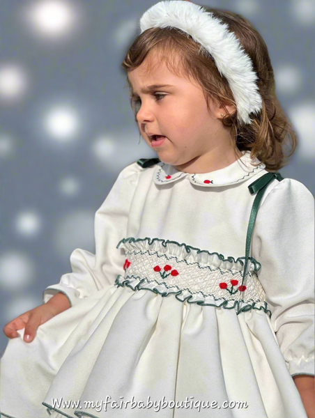 Sonata Infantil AW25 Spanish Girls White & Green Velvet Smocked Puffball Dress IN2510 ~ MADE TO ORDER