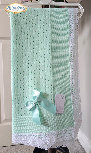 Spanish Unisex Baby Mint Green Lace Trimmed Shawl / Blanket