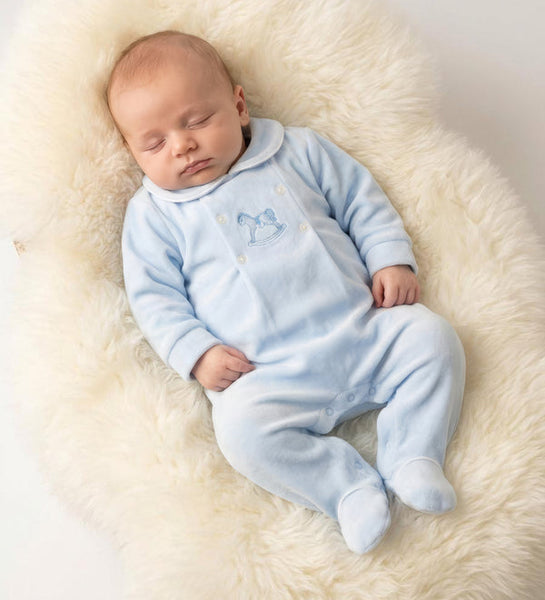 Spanish Baby Boys Blue Horse Velour Sleepsuit/Babygrow