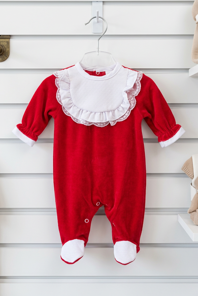 Spanish Baby Girls Red & White Frill Velour Sleepsuit/Babygrow ~ NB-6m