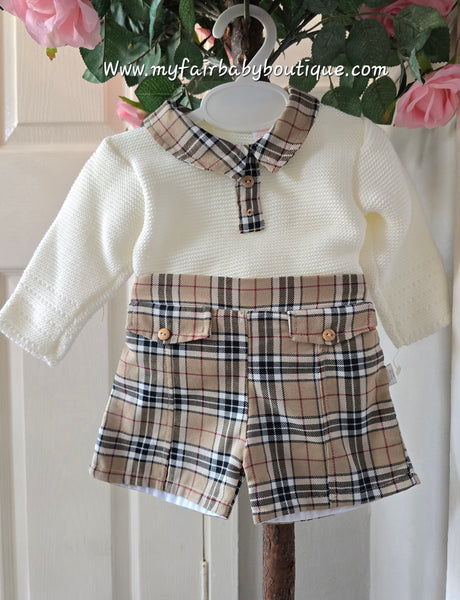 Spanish Baby Boys Beige Tartan Short & Jumper Set - 3-36m