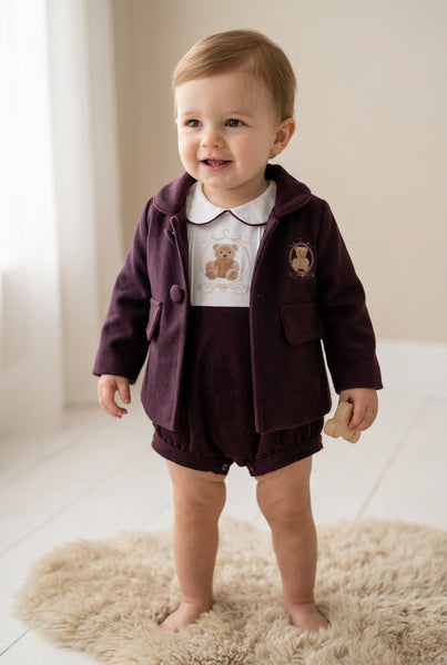 Beau Kid Traditional Baby Boys Red Wine Teddy Jacket & Cap ~ 0-24m