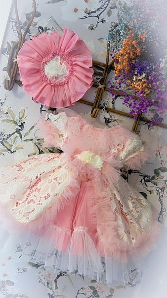 Ela Confeccion SS25 Spanish Girls Pink & Cream Tulle & Lace Puffball Dress ~ IN STOCK NOW