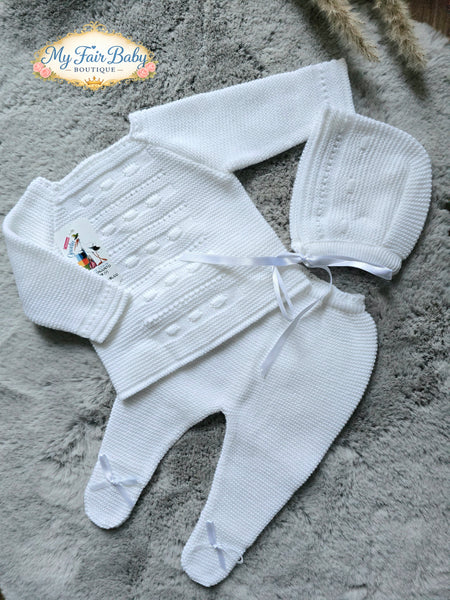 Spanish Creaciones Gavidia Unisex Baby White Knitted 3pc Lace Set 6209