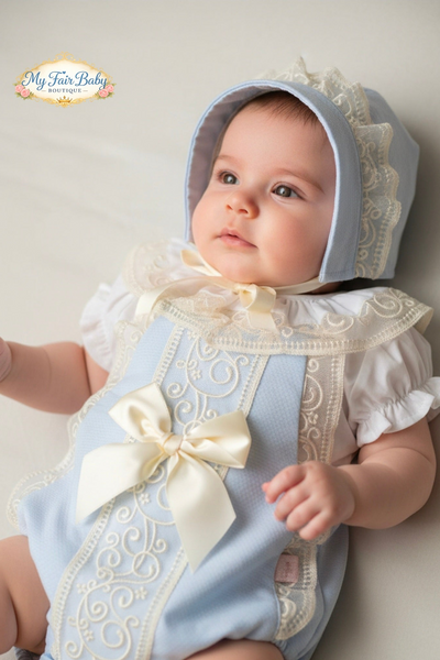 Spanish Baby Girls Blue & Cream Lace Romper Set ~ 12-36m