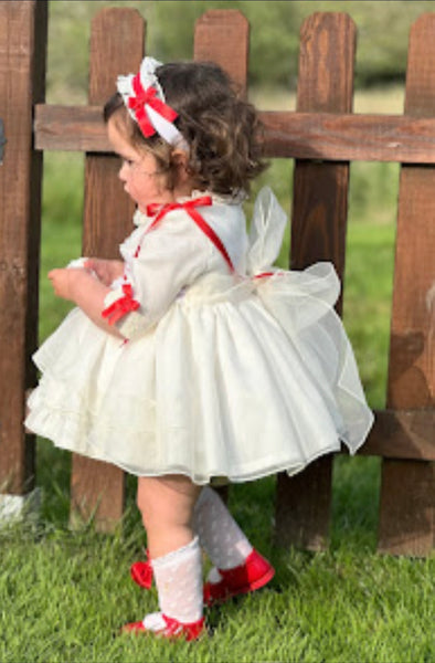 Sonata Infantil AW25 Spanish Girls Ivory & Red Organza Smocked Puffball Dress IN2521 ~ MADE TO ORDER