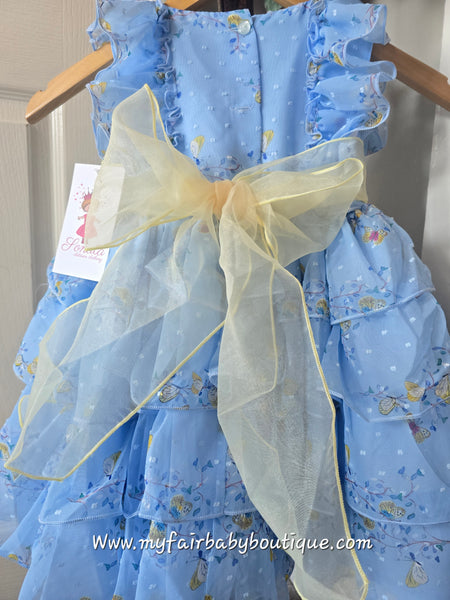 Sonata Older Girls Blue & Lemon Butterfly Puffball Dress & Headband Set ~ 4,8y