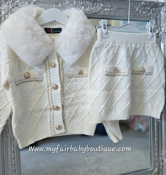 Girls Cream Diamond Knit Fur Cardigan & Skirt Set ~ 4-8y