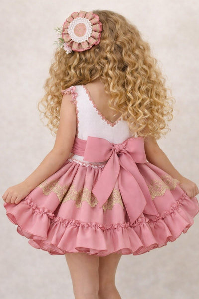 Ela Confeccion SS26 Girls Pink & Camel Puffball Dress - MADE TO ORDER