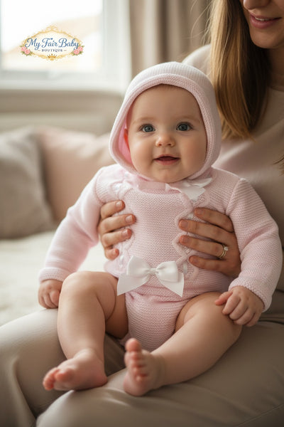 Spanish Baby Girls Pink Knitted Romper & Bonnet 3859~ 3-24m