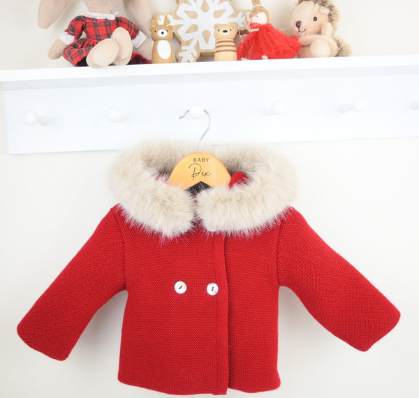 Traditional Unisex Baby Red Fur Trimmed Knitted Jacket