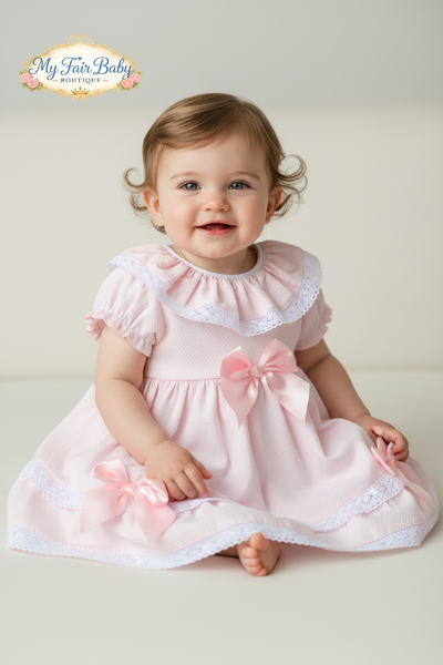 Spanish Girls Pink Waffle Bow & Lace Dress V004 ~ 3-36m