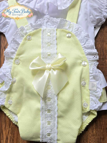 Spanish Baby Girls Lemon Waffle Lace & Bow Romper M002Y