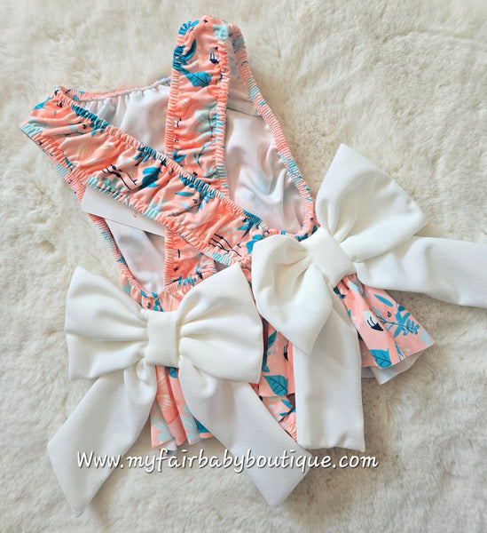Girls Peach Flamingo Print Bow Swimsuit ~ 2-12y