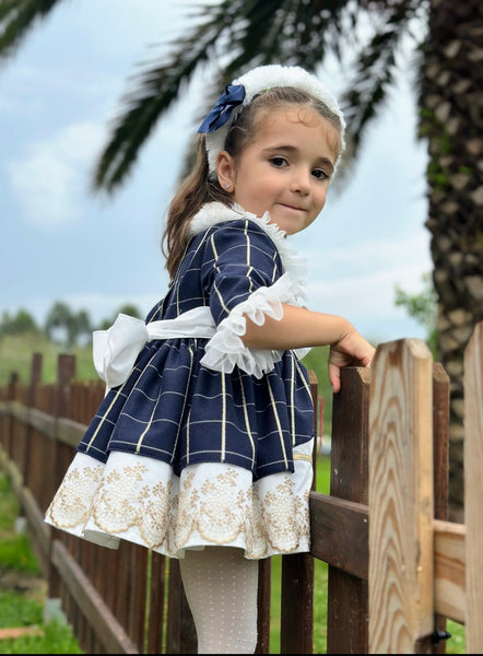 Sonata Infantil AW25 Spanish Girls Navy & Gold Lace Christmas Puffball Dress IN2513 ~ MADE TO ORDER