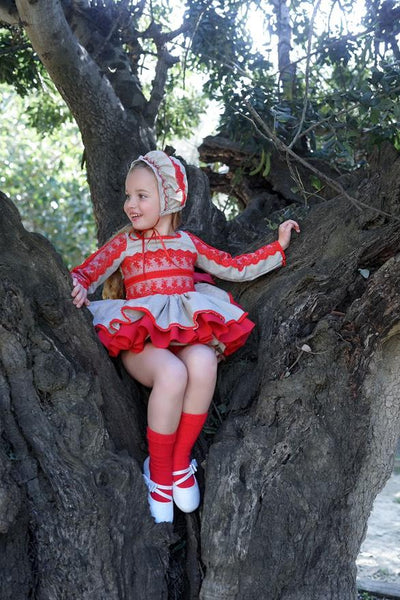 Ela Confeccion AW25 Spanish Girls Red & Gold Lace Puffball Dress ~ 2-8y - IN STOCK NOW