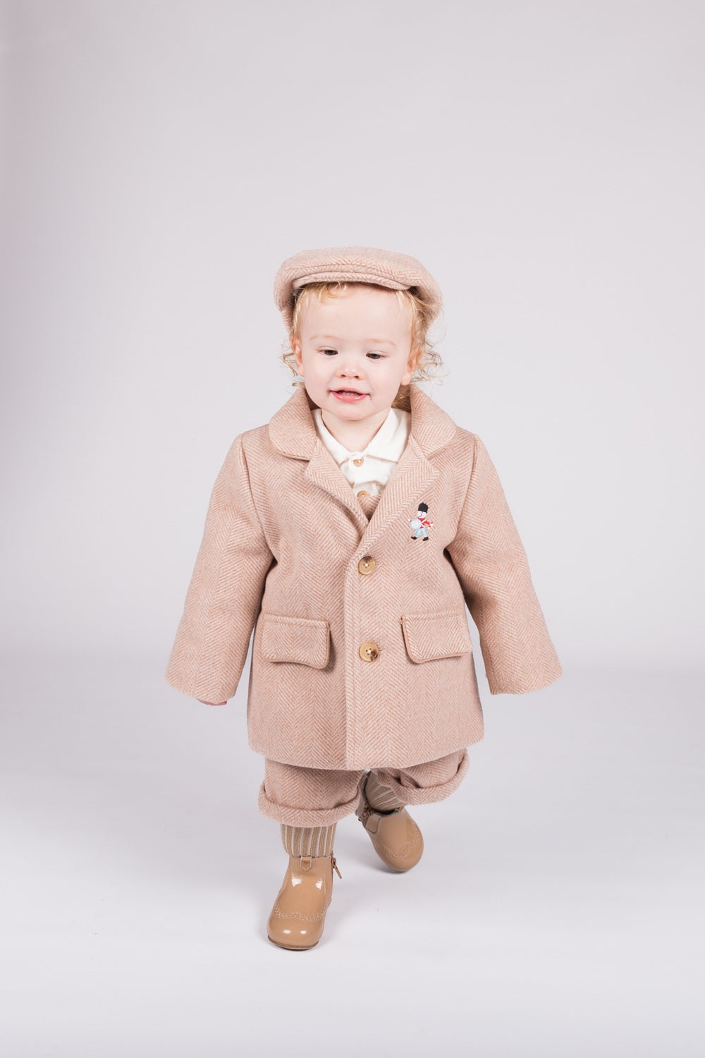 Beau Kid Traditional Baby Boys Camel Herringbone Jacket & Cap Set