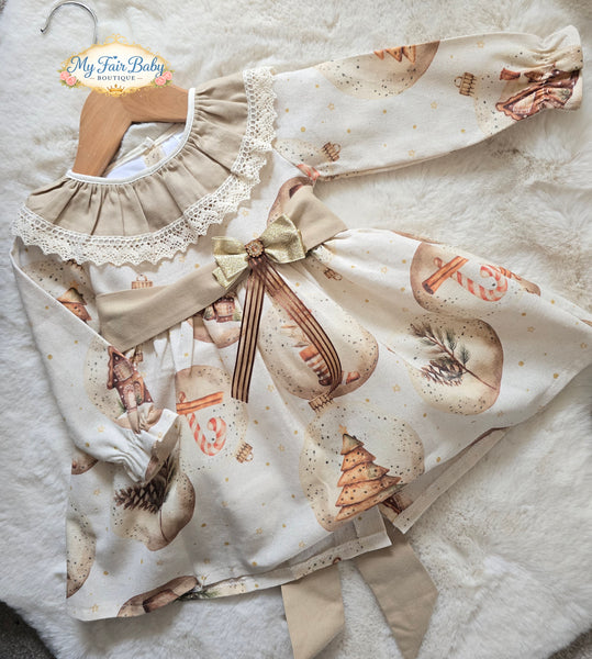 Traditional Girls Cream & Gold Printed Christmas Dress ~ 1-6y