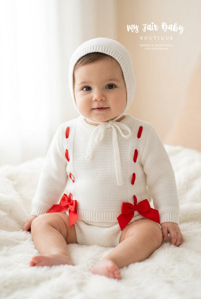 Spanish Baby Girls White & Red Knitted Bow Jam Pant 3pc Set