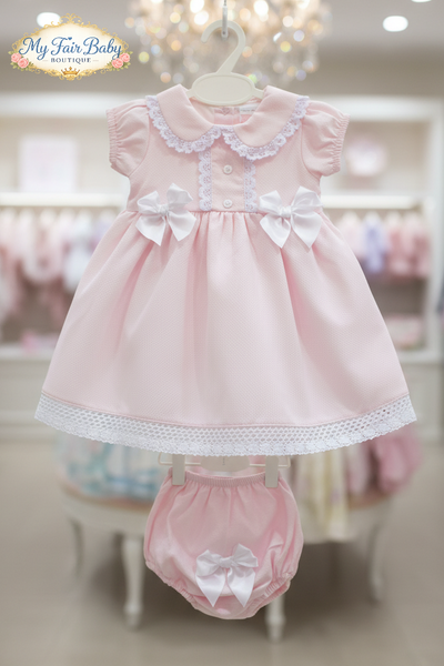 Spanish Girls Pink Waffle Bow & Lace Dress 0499 ~ 12-24m
