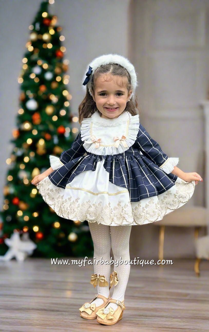 Sonata Infantil AW25 Spanish Girls Navy & Gold Lace Christmas Puffball Dress IN2513 ~ MADE TO ORDER