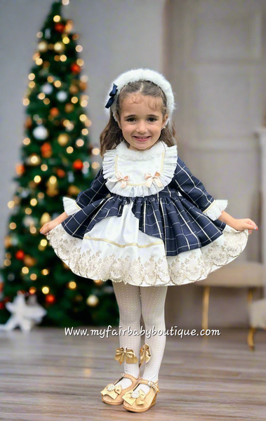 Sonata Infantil AW25 Spanish Girls Navy & Gold Lace Christmas Puffball Dress IN2513 ~ MADE TO ORDER