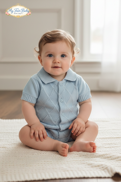 Spanish Baby Boys Blue Diamond Knitted Romper 23237 - 6-24m