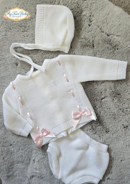 Spanish Baby Girls White & Pink Knitted Bow Jam Pant 3pc Set