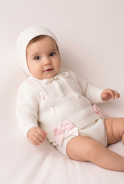 Spanish Baby Girls White & Pink Knitted Bow Jam Pant 3pc Set
