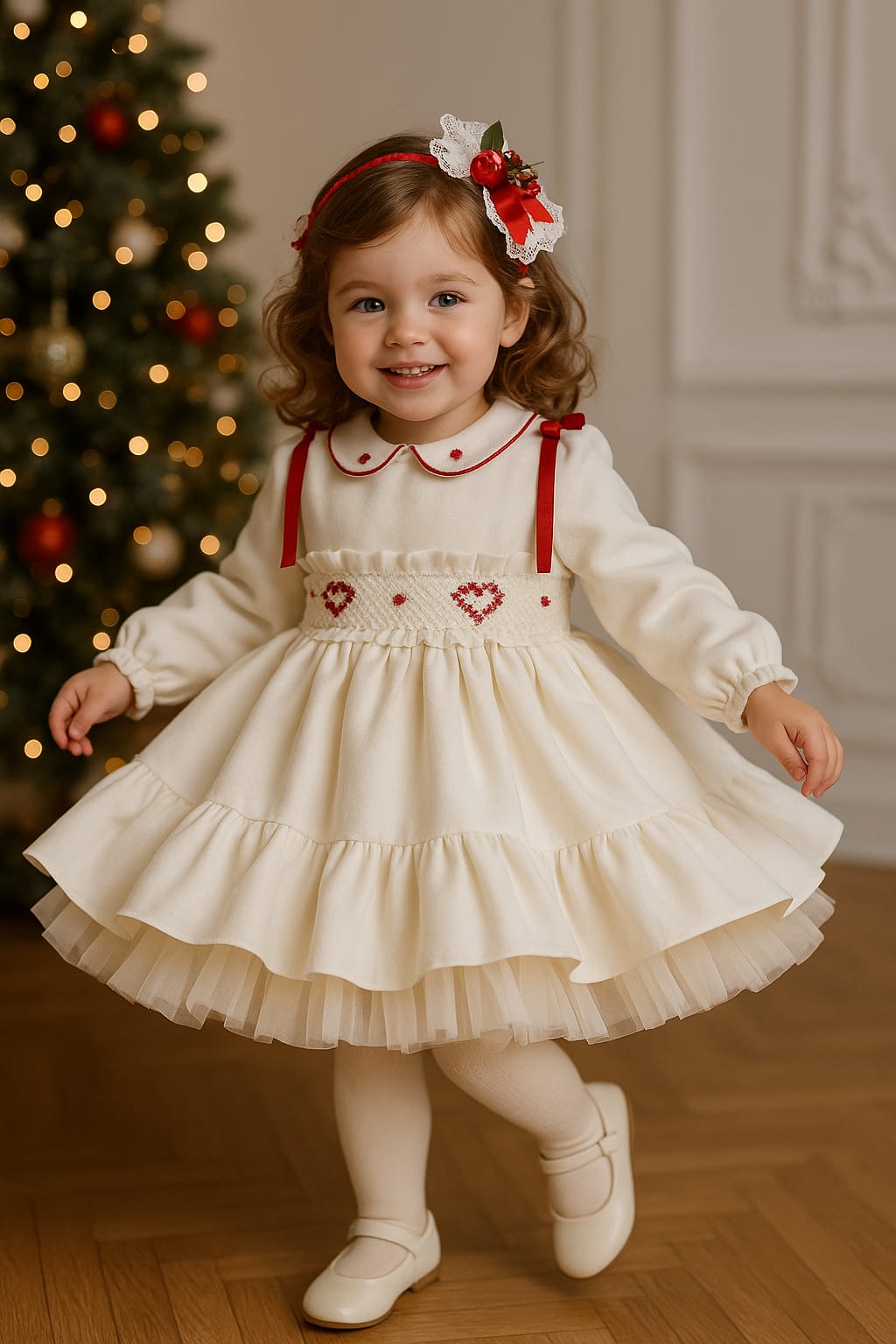 Sonata AW25 Spanish Girls White Velvet Smocked Puffball Dress NA2513 ~ MADE TO ORDER
