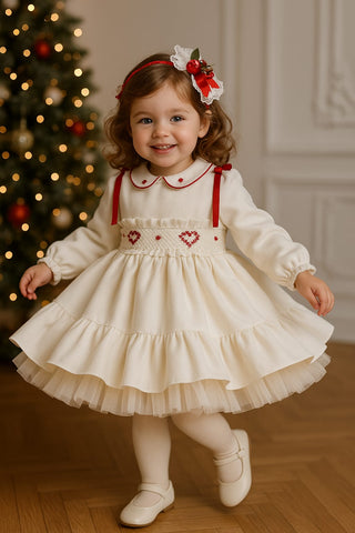 Sonata AW25 Spanish Girls White Velvet Smocked Puffball Dress NA2513 ~ MADE TO ORDER