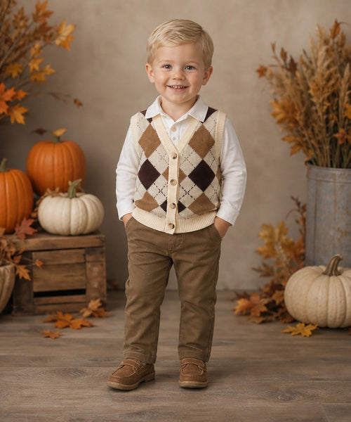 Beau Kid Traditional Boys Camel Argyle Tank Top 3pc Set 2817 ~ 1-7y