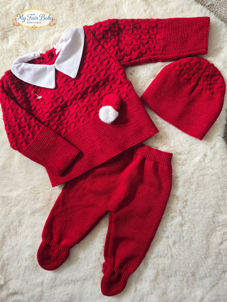 Spanish Baby Boys Red Knitted 3pc Set ~ 0-3m