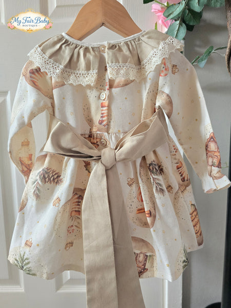 Traditional Girls Cream & Gold Printed Christmas Dress ~ 1-6y